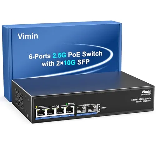6-Port 2,5G PoE-Switch Unmanaged, 4X 2,5G Base-T PoE-Port+2X 10Gbps SFP+, 4-Port PoE Switch mit 60Gbps Schaltkapazität, Unterstützung von IEEE802.3af/at, 65W, Switch für 2.5Gb NAS/PC, WiFi6-Router