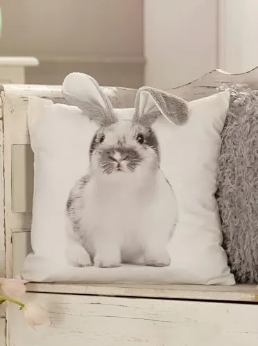 Dekoleidenschaft Kissenhülle Schlappohr mit angenähten Hasen-Ohren, Creme, 45x45 cm, Zierkissen-Bezug, Dekokissen-Bezug, Kissenbezug mit Plüschohren, Sofakissen-Hülle, Hasenkissen, Osterkissen