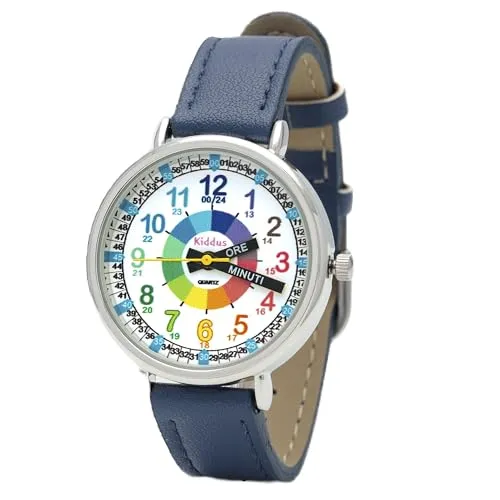 Kiddus Lern Armbanduhr für Kinder, Jungen und Mädchen. Analoge Armbanduhr mit Zeitlernübungen. Time Teacher. Italiano Pelle PU Blu