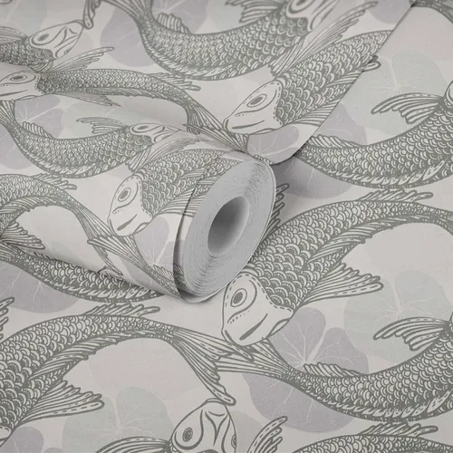 Vlies Tapete Koi Fische und Blätter in Grau und Silber - Hochwertige Wandtapete mit glänzendem Finish, ideal für jeden Raum. Leicht anzubringen, sorgt für einen stilvollen Look und bringt tropisches Flair in Ihr Zuhause.