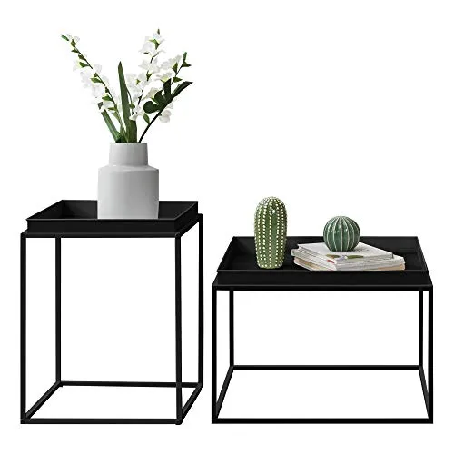 [en.casa] 2er Set Tabletttisch 'Helier' Schwarz mit abnehmbaren Servierplatten - Beistelltische fürs Wohnzimmer mit abnehmbaren Tabletts für einfaches Servieren - vielseitig einsetzbar als Couchtisch oder Ablage, ideal für jedes Wohnzimmer.