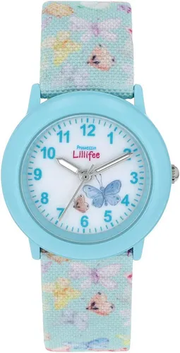 Prinzessin Lillifee Quarzuhr 2037732 - Kinderuhr mit spritzwassergeschütztem Gehäuse, ideal als Geschenk für kleine Prinzessinnen. Angenehmes Armband aus Textil und ein fröhliches Design in Blau und Weiß.