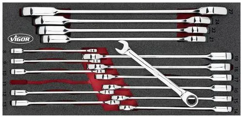 Vigor V4987 Maul-Ringratschenschlüssel-Satz 8-19mm - Werkzeug-Set mit 2K Weichschaum-Einlage für perfekte Ordnung. Leicht zu reinigen und schützt die Werkzeuge, da sie verrutschsicher eingebettet sind. Ideal für Hobby und Profi.