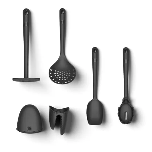 Hoffmann Küchenhelfer-Set 6-teilig, Anthrazit, Silikon-Edelstahlkern, spülmaschinenfest - 6-teiliges Küchenhelfer-Set mit Pastalöffel, Schaumlöffel, Kartoffelstampfer und mehr. Hitzebeständig bis 200 °C und pflegeleicht – perfekt für die tägliche Nutzung in jeder Küche.