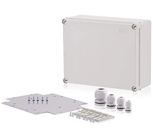 Industriegehäuse Set 240x190x90mm Kunststoffgehäuse Abzweigkasten Universalgehäuse Wandgehäuse mit Scharnierschrauben Schutzart IP65 inklusive Montageplatte, Kabelverschraubungen & Wandhalterungen