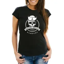 MoonWorks Print-Shirt Damen T-Shirt Totenkopf Matrose Anker Motiv Skull Emblem Schriftzug Moin Moin Hamburg Spruch Frauen Fun-Shirt Moonworks® mit Print schwarz M