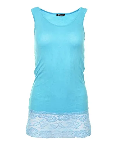 Easy Young Fashion - Damen Trägertop mit Spitzensaum - langes Unterziehshirt Skinny Fit 0518(Cyan S/M)
