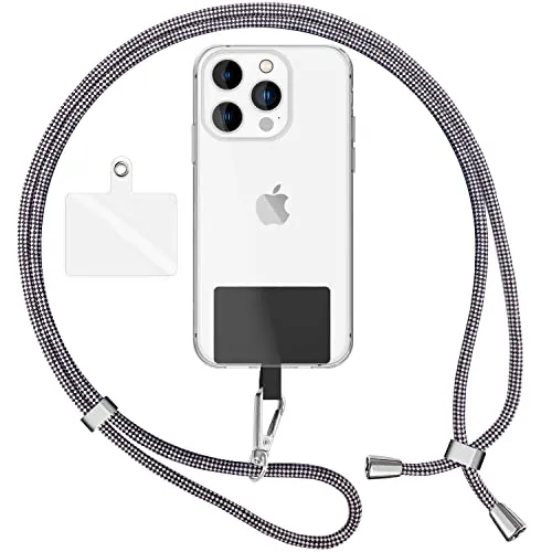 NALIA Bunte Universal-Kette mit Pad, Band für Handy-Hülle zum Umhängen, Karabinerhaken Anhänger Metall, Schlüsselband Umhängeband 160 cm, Crossbody Lanyard mit Schlaufe, Farbe:Schwarz Weiß Cruella