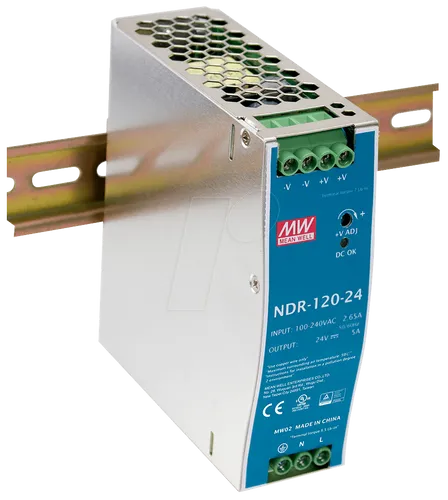 MW NDR-120-12 Schaltnetzteil - Schaltnetzteil für Hutschiene, 120 W, 12 V, 10 A, hohe Effizienz von 85,5%, ideal für industrielle Anwendungen und zuverlässige Stromversorgung.