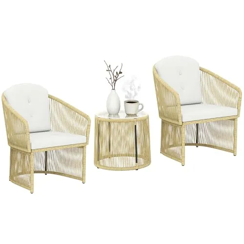 Outsunny Polyrattan Gartenmöbel Set für 2 Personen, 3-teilig mit Kissen - Elegantes Bistro-Set für Garten, Terrasse oder Balkon: Bequeme Stühle und ein stilvoller Tisch sorgen für entspannte Momente. Wetterfestes Design mit pflegeleichten Kissen für maximalen Komfort.