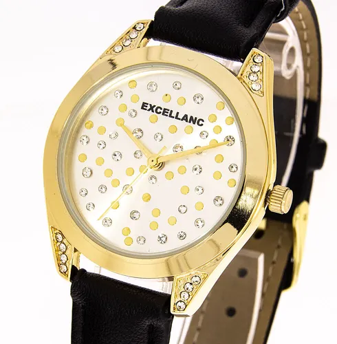 Damenuhr Excellanc Farbe gold schwarz mit Strass 36mm Durchmesser