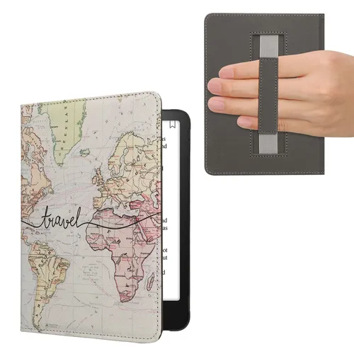 kwmobile Schutzhülle für Amazon Kindle Paperwhite (2024)/Colorsoft Hülle - eReader Flip Case mit Handschlaufe und Auto Sleep Funktion - Travel Schriftzug mit Schwarz Mehrfarbig
