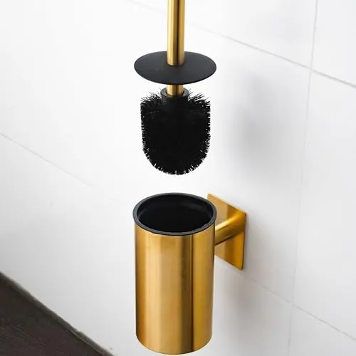 ELMOWO - Premium Edelstahl Klobürste ohne Bohren selbstklebend inkl. Spezialkleber (extrem sicherer Halt) - Klobürstenhalter hängend zur Wandmontage - Moderner WC Toiletten-Bürstenhalter (Gold)