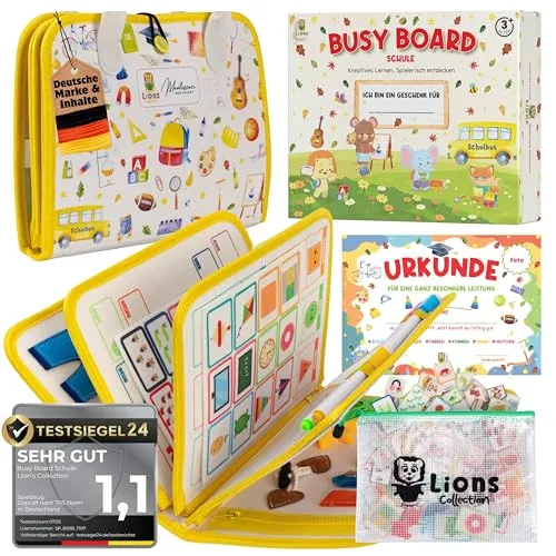 Lions Collection Lernspielzeug Busy Board Deutsch - Montessori Motorikmappe - Farblernspiele - Fördert Motorik und Kreativität bei Kindern ab 1 Jahr mit interaktiven Elementen im Activity Board.