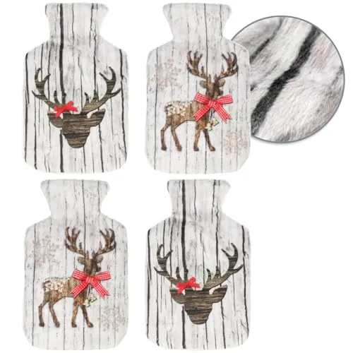 com-four® 4X Taschenwärmer Set - Flauschige Handwärmer im Wärmflaschen-Design, Plüsch Fingerwärmer, Knickbare Wärmepads, Wiederverwendbare Taschenheizkissen (4 Stück - Hirsch holzfarben)