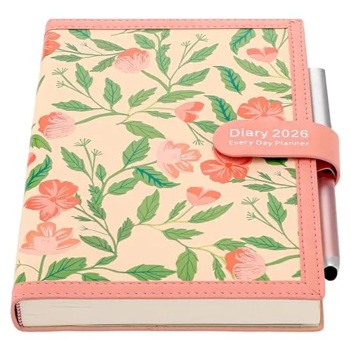 Mljtoyo Tagebuch 2026 A5 Seite pro Tag, Softcover Organizer Tagesplaner von Januar bis Dezember 2026, A5 Tag-für-Tag-Planer mit Stift, Aufklebern, Rückentasche, 3 Lesezeichen (Rosa 2026)