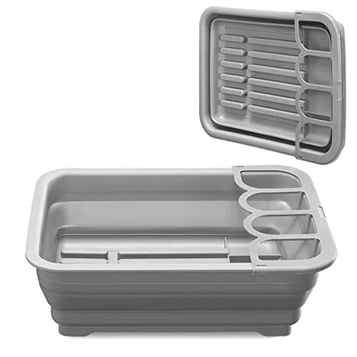 Navaris Geschirrkorb Abtropfgestell für Geschirr - Abtropfständer Abtropfkorb mit Abfluss - Abtropfschale für Camping Wohnmobil Küche - faltbar