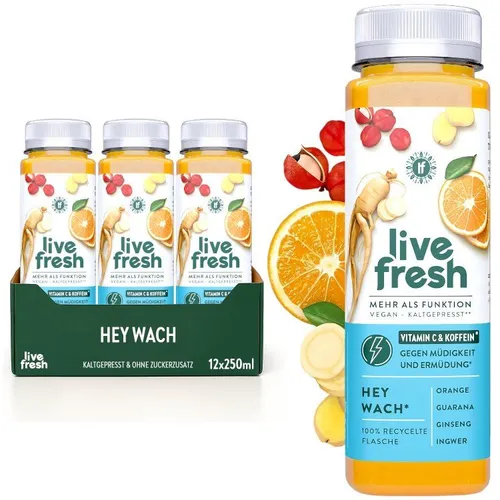 LiveFresh Vitamin C Saft – Hey Wach – Natürlicher Wachmacher mit Vitamin C & Koffein – 3€ Pfand