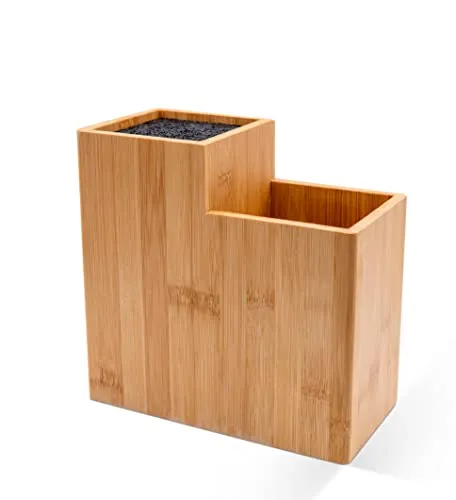 Presar Bambus Messerblock ohne Messer - Holz Messerhalter & Organizer für Küchenmesser, Besteck, Kochutensilien, mit 2 Fächern abnehmbaren Kunststoff-Borsteneinsatz, 21x22x11 cm, (PR-02)