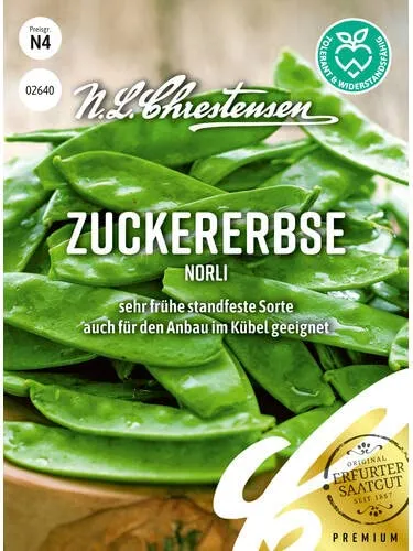 Chrestensen Zuckererbse Norli Samen - Samenfestes Saatgut frühe süße Sorte 50cm - Standfest ohne Rankhilfe