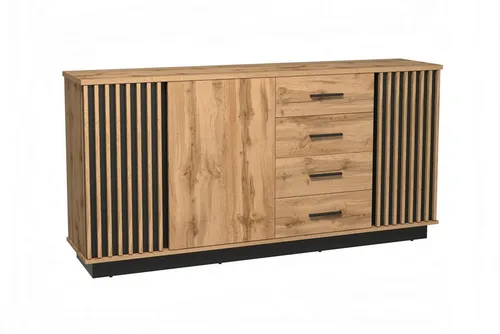 Deine Möbel 24 Kommode LAMI 21 mit 3 Türen & 4 Schubladen – Wotan Eiche / Schwarz Matt - Die Kommode LAMI 21 bietet mit 3 Türen und 4 Schubladen großzügigen Stauraum. Ihr modernes Design in Wotan Eiche und Schwarz Matt sorgt für Eleganz in jedem Raum. Perfekt für Wohnzimmer, Schlafzimmer oder Flur.