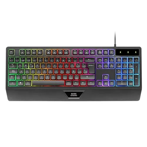 Mars Gaming MK124, Ergonomische H-Mech-Tastatur mit Integrierter Handballenauflage, FRGB Rainbow, Gaming Anti-Ghosting, Vollständige Multiplattform-PC-Tastatur, Schwarz