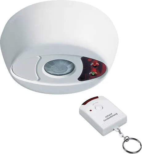 PENTATECH Bewegungsmelder DA02 mit Fernbedienung 33313 - Bewegungsmelder mit 360° Rundumschutz, ideal für Haus und Büro. Sofortiger 100 dB Alarm bei Bewegungserkennung, bequem per Fernbedienung scharf- und unscharf schaltbar.