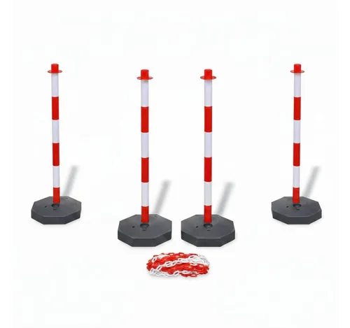 BruKa Flexible Absperrpfosten 4 Stück mit Kette - 4 flexible Absperrpfosten mit 10 Meter Kette für sichere Absperrungen. Stabile 40 mm Durchmesser und witterungsbeständiger Kunststoff sorgen für hohe Standfestigkeit und einfache Montage.