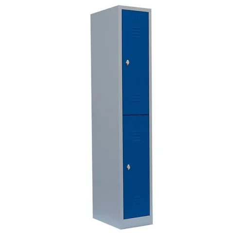 Steelboxx Spind 2 Fächer 180x31,5x50cm - Robuster Kleiderspind in grau/blau, komplett montiert und ohne Aufbau. Ideal für Umkleideräume mit 2 Fächern, Kleiderstange und 3 Haken pro Fach für optimale Organisation.