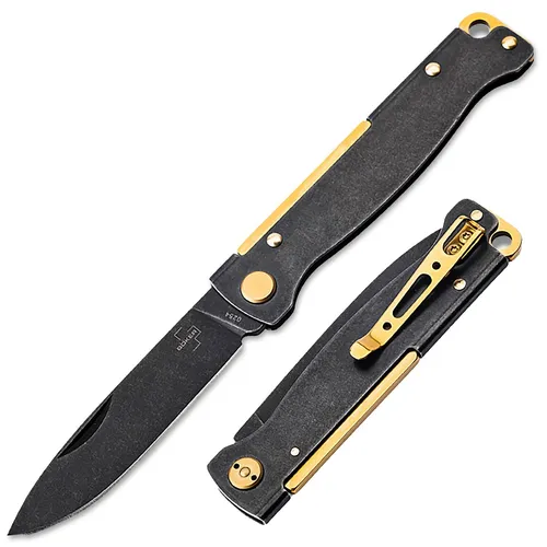 Böker Plus Atlas Black Stonewash Brass Taschenmesser - Taschenmesser mit ergonomischem Griff, rostbeständiger Klinge aus 12C27 und lebenslanger Garantie – ideal für den täglichen Gebrauch.