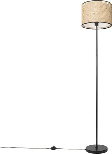 QAZQA - Landhaus I Vintage Land Stehlampe schwarz mit Rattanschirm - Stehlampe für Wohnzimmer und Schlafzimmer, dimmbar und mit modernem Rattanschirm für eine angenehme Lichtverteilung. Ideal für eine atmosphärische Einrichtung!