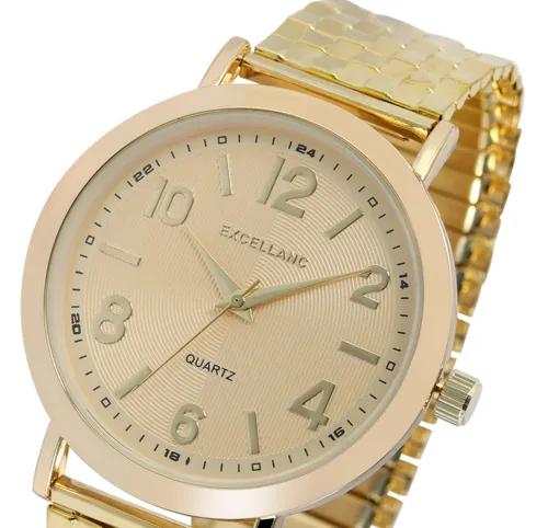 Elegante Zugarmbanduhr für Damen und Herren - Armbanduhren aus Edelstahl mit goldfarbenem Stretcharmband, ideal für jeden Anlass und maximalen Handgelenkumfang von 19,1-20 cm.