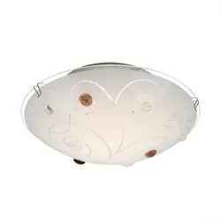 Deckenleuchte Glasschirm Deckenlampe 1-Flammig Wohnzimmer Beleuchtung opal mit Dekorsteinen, Metall chrom Linien, 1x LED 8 Watt 640 lm, D 25 cm