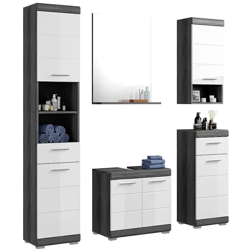 Badezimmermöbel Set 5-teilig modern in Hochglanz weiß mit grau SIROCO-158