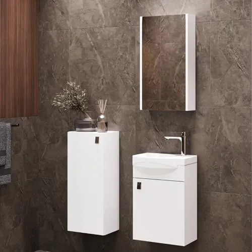 Planetmöbel Badmöbel Set Waschtisch mit Unterschrank 40 x 60 x 29 cm mit Spiegelschrank 40 cm & Midischrank für Badezimmer, Gäste WC & Bad, Weiß