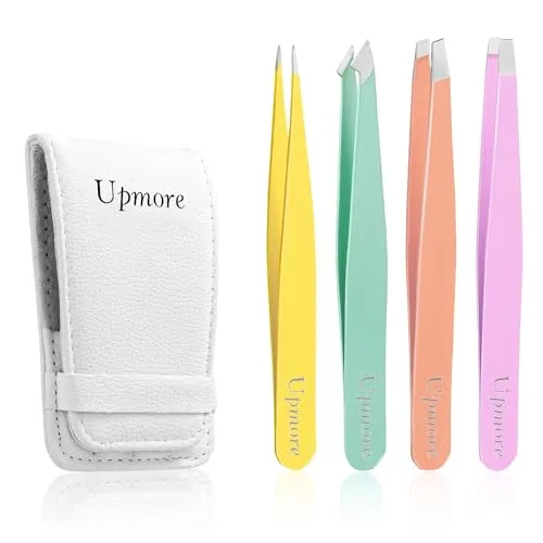 Upmore 4x Pinzette Set Edelstahl - Farbig Augenbrauenpinzette Set Schere Pinzette, gerade schräge spitze Zupfpinzette Splitterpinzette Spitzpinzette für Frauen und Männer