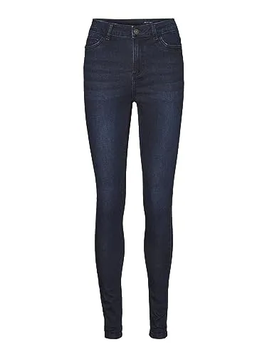 Noisy May Damen Skinny Fit Jeans High Waist Denim Stretch Hose Raw Vintage Design Pants NMCALLIE, Farben:Dunkelblau, Größe:25W / 30L