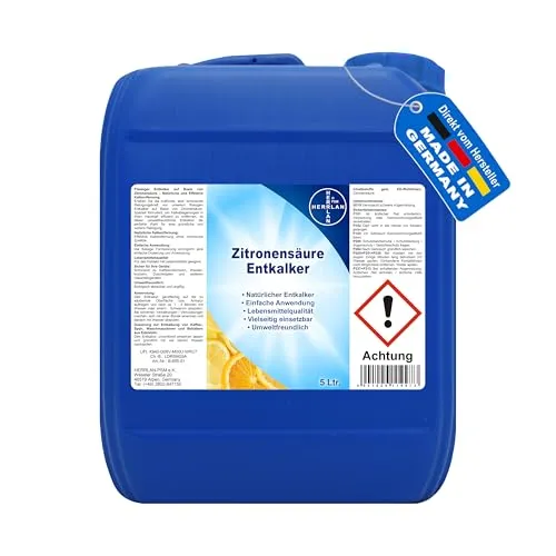 Zitronensäure Entkalker 5 Liter - Leistungsstark & Umweltfreundlich - Entkalkung & Reinigung für Kaffee- & Espressomaschinen. Der HERRLAN Zitronensäure-Entkalker entfernt mühelos Kalkablagerungen und sorgt für hygienische Sauberkeit – ideal für Haushaltsgeräte und Oberflächen.