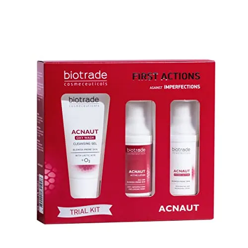 Acnaut 3-Stufen Akne-Set – Reinigt, behandelt & pflegt fettige, unreine Haut – Mit Waschgel, Aktiv-Lotion & Feuchtigkeitscreme – Gegen Pickel, Mitesser & Unreinheiten – Probiergröße by Biotrade