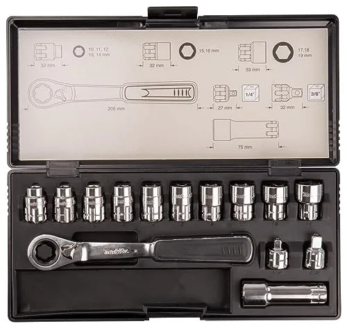 ZESTAW NASADEK + KLUCZ Z ADAPT. 1/4'', 3/8'' - Werkzeug-Sets mit 14 hochwertigen Nüssen und einem praktischen Adapter für vielseitige Anwendungen.