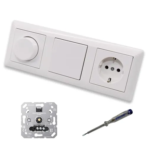 EBROM SET IDEE: JUNG 1730DD LED Drehdimmer Dimmer + Scheibe A1740WW + Lichtschalter 506U + Steckdose Kinderschutz A1520KIWW alpinweiß glänzend + EBROM Phasenprüfer zur Montage der Geräte u.A. 1730 DD