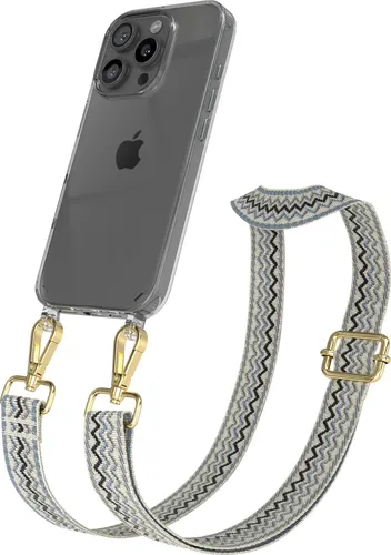 Apple iPhone 16 Pro Chain Eyelets Slim Neck Strap Set Wave Style 07 Beige/Blue 03 Metall Gold