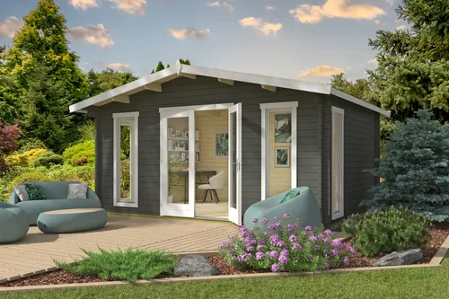 Gartenhaus Blockhaus Elgin 44 mm Satteldach 500x380 cm - Gartenhaus mit 44 mm Wandstärke, abschließbar und mit 4 Einzelfenstern für optimale Belüftung. Ideal für Gartenliebhaber, die zusätzlichen Stauraum suchen.