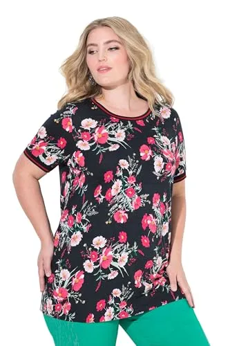 MIAMODA Damen große Größen Übergrößen Plus Size T-Shirt, Blumenmuster, Streifenbündchen, Halbarm schwarz 44 843060100-44