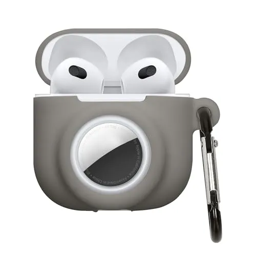kwmobile 2-in1 Hülle kompatibel mit Apple Airpods 4 - Kopfhörer Case kompatibel mit Airtag - Weiches Silikon Cover - Schutzhülle mit Karabiner - Grau