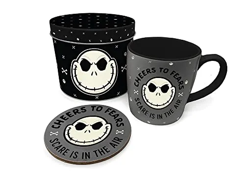 Disney's The Nightmare Before Christmas Tasse und Untersetzer Set (Cheers and Fears Design) in Geschenkdose, Kaffeebecher, 325ml Keramik-Kaffeetasse - Offizielles Merchandise
