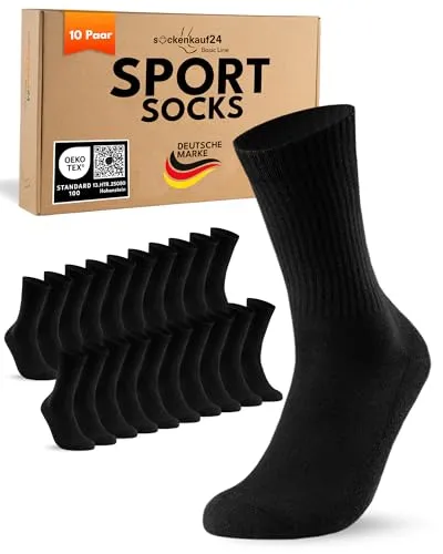 sockenkauf24 10 Paar Sportsocken Herren Schwarz 47-50 Tennissocken Atmungsaktive Baumwolle Crew Socken