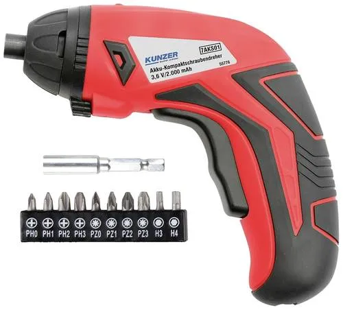 Kunzer Akkuschrauber Li-Ion 2000 mAh inkl. Zubehör - Kompakter Akkuschrauber mit 3 Nm Drehmoment, kabelloser Freiheit und nur 0,36 kg leicht – ideal für präzise Arbeiten zuhause oder unterwegs.