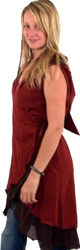 GURU SHOP Natürliche Wickeltunika - Elfentunika mit Zipfelkapuze in Rot - Freizeitkleider für Damen, handgefertigter Druck und einzigartiges Design, bequemes Wickelkleid aus strukturierter Baumwolle für individuellen Stil.