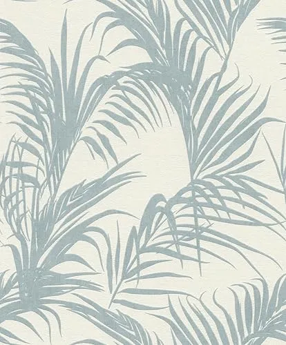 Rasch Tapete 314014 - Helle Vliestapete in Cremeweiß mit großen Palmenblättern in Blau aus der Kollektion Deco Style